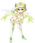  1girl breasts breasts_apart feathered_wings full_body garter_straps green_hair headband highres leaning_forward looking_at_viewer ls-lrtha navel original pointy_ears short_hair simple_background small_breasts solo thighhighs tongue tongue_out white_background wings 