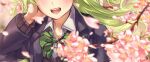  1girl absurdres blush bow bowtie collared_shirt commentary_request flower focused green_hair highres jacket long_hair open_mouth original osanai_(shashaki) out_of_frame petals school_uniform sharp_teeth shashaki shirt smile solo teeth 