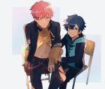  2boys asanaka_yomogi belt black_jacket black_pants blue_eyes blue_hair blurry brown_eyes chair gauma hair_between_eyes hair_ornament hairclip hood hood_down hoodie jacket long_sleeves male_focus multiple_boys navel pants pink_hair sako_(oyatutabero) scar scar_on_cheek scar_on_face short_hair simple_background sitting ssss.dynazenon torn_clothes torn_pants 