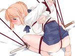  artist_request artoria_pendragon_(all) barefoot bdsm blonde_hair blouse bondage bound crotch_rope fate/stay_night fate_(series) frogtie long_sleeves rope saber shibari shibari_over_clothes shinai soles solo spreader_bar sword toes weapon 
