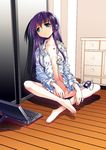  barefoot bottomless computer digital_media_player feet headphones ipod kurosu_tsugutoshi laptop long_sleeves open_clothes open_shirt original shirt solo 