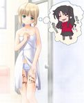  artist_request artoria_pendragon_(all) black_hair blonde_hair blue_panties fate/stay_night fate_(series) female_pervert green_eyes hand_to_own_mouth multiple_girls nearly_naked_towel panties pantyhose pervert saber striped striped_panties thought_bubble toosaka_rin towel underwear valentine white_towel 