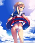  ass back blonde_hair blue_eyes cloud day dimples_of_venus from_behind innertube kawata_hisashi looking_back no_pants original panties school_uniform serafuku sky solo twintails underwear white_panties 