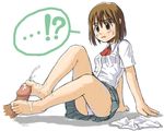  1boy 1girl :o arm_support artist_request ayase_fuuka bangs barefoot blush breasts brown_hair clothed_female_nude_male clothed_sex clothes_removed collared_shirt cum cum_on_body cum_on_lower_body disembodied_penis ejaculation eyebrows feet footjob from_side full_body grey_skirt hetero legs miniskirt necktie nude open_mouth panties pantyshot pantyshot_(sitting) penis plaid plaid_skirt pleated_skirt school_uniform shadow shirt short_hair short_sleeves sitting skirt small_breasts solo_focus speech_bubble sweat thick_eyebrows toes two-footed_footjob uncensored underwear white_panties white_shirt white_skirt yotsubato! 