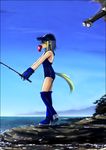  baseball_cap beach blue_legwear boots can ciel day fishing fishing_rod gloves green_hair hair_over_eyes hat holding holding_fishing_rod horse_tail incoming_attack mouth_hold nanako_(melty_blood) ocean one-piece_swimsuit outdoors pointy_ears puyo school_swimsuit short_hair solo swimsuit tail thigh_boots thighhighs tsukihime water 