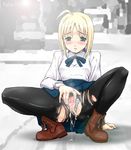 after_sex after_vaginal arm_support artoria_pendragon_(all) black_legwear blonde_hair blouse censored cum cum_in_pussy cumdrip day exhibitionism fate/stay_night fate_(series) fingering fujiwara_shun'ichi green_panties leaning_back lens_flare long_sleeves masturbation mosaic_censoring panties panties_aside pantyhose pussy saber solo spread_legs spread_pussy squatting striped striped_panties torn_clothes torn_legwear underwear 