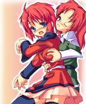  artist_request breast_grab breasts grabbing groping gundam gundam_seed gundam_seed_destiny incest large_breasts long_sleeves lunamaria_hawke meyrin_hawke multiple_girls pink_skirt siblings sisters skirt thighhighs yuri 