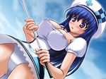  abu areola_slip areolae arin beret blue_hair breasts cleavage covered_nipples from_below golf golf_club hat large_breasts long_hair miniskirt pangya panties purple_eyes skirt solo underwear upskirt white_panties 