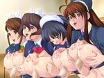  aga_(artist) apron aqua_eyes bakunyuu_kissa black_hair blue_eyes blush breast_hold breast_squeeze breasts brown_eyes brown_hair censored cum fukada_ritsuko game_cg glasses gotou_shizuku happy huge_breasts kirishima_nagisa kurata_karin lactation long_hair maid maid_apron maid_headdress mole multiple_girls multiple_paizuri nipples paizuri penis red_eyes smile 