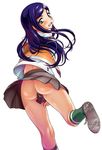  ass bangs fukudahda green_eyes green_legwear grey_skirt grin kuga_natsuki leg_up legs long_hair looking_back my-hime no_panties orange_shirt parted_bangs pleated_skirt purple_hair school_uniform shirt shoes simple_background skirt smile sneakers solo white_background 