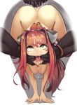  1girl ahegao all_fours areolae ass bangs bow braces breasts commentary commission cum cum_in_mouth cum_on_hair cum_on_tongue dark_skin dark_skinned_male disembodied_penis doggystyle doki_doki_literature_club english_commentary eyebrows_visible_through_hair facial fucked_silly green_eyes hair_intakes highres long_hair medium_breasts monika_(doki_doki_literature_club) nipples nude open_mouth overflow penis pink_hair polyle ponytail rape rolling_eyes sex solo_focus thighs tongue tongue_out white_bow wide_hips 