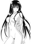  arms_behind_back bangs breasts buttons cowboy_shot dress_shirt from_side greyscale groin kanekiyo_miwa light_smile long_hair long_sleeves looking_at_viewer medium_breasts mole mole_under_mouth monochrome naked_shirt navel nipples off_shoulder open_clothes open_shirt osakabe_itoko pubic_hair school_rumble shirt simple_background sleeves_past_wrists smile solo standing unbuttoned very_long_hair 