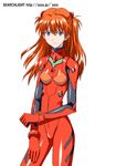  bangs blue_eyes bodysuit bracer breasts clenched_hand cowboy_shot gloves hair_ornament hand_on_own_thigh light_smile long_hair looking_at_viewer lowres midori_(searchlight) neon_genesis_evangelion number orange_hair plugsuit red_bodysuit simple_background skinny small_breasts smile solo souryuu_asuka_langley standing turtleneck watermark web_address white_background 