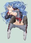  ankle_boots black_legwear blue_hair boots breasts censored lafiel long_hair masturbation medium_breasts minagi_tomo mosaic_censoring nipples open_clothes open_shirt pointy_ears seikai_no_senki shirt simple_background solo thighhighs uniform 