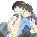  artist_request black_hair blush brown_hair fang genshiken glasses hood hoodie madarame_harunobu male_focus masturbation multiple_boys open_clothes open_shirt sasahara_kanji shirt yaoi 