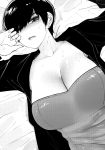  1girl absurdres bare_shoulders blush breasts cleavage close-up collarbone commentary dress drunk english_commentary greyscale hair_over_one_eye highres large_breasts lying monochrome norman_maggot ol-chan_(norman_maggot) on_back on_bed open_clothes original screentones short_hair solo strapless strapless_dress sweat 