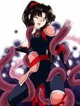  armor artist_request black_bodysuit black_hair blush bodysuit breasts inuyasha medium_breasts ninja nipple_slip nipples one_eye_closed ponytail restrained sango solo sweat tentacles 