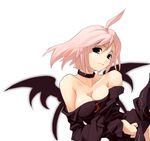  ahoge bare_shoulders black_wings breasts choker cleavage demon_girl demon_wings long_sleeves medium_breasts original pink_hair short_hair simple_background solo sun-3 white_background wings 