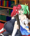  2girls after_kiss bare_shoulders blush book bookshelf daiyousei eye_contact female flat_chest french_kiss green_eyes green_hair hug kiss kneeling koakuma long_hair looking_at_another multiple_girls nipples off_shoulder open_clothes open_shirt pointy_ears ponytail red_eyes red_hair saliva saliva_trail shirt side_ponytail sitting socks tail the_embodiment_of_scarlet_devil tongue touhou wings wrist_grab yuri 