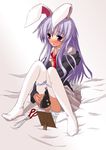  animal_ears blue_panties blush bunny_ears exploration feet long_sleeves mirror no_shoes nose_blush on_bed open_clothes open_shirt panties panty_pull pleated_skirt reisen_udongein_inaba ryo scissors shaving shaving_crotch shirt skirt solo striped striped_panties thighhighs touhou unbuttoned underwear white_legwear 
