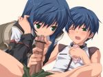  1girl bar_censor blue_hair censored cum cum_in_mouth eyebrows_visible_through_hair fayt_leingod fellatio green_eyes hair_tucking hetero jpeg_artifacts koku maria_traydor one_eye_closed open_pants oral orgasm penis round_teeth star_ocean star_ocean_till_the_end_of_time teeth 