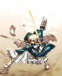  ahoge akari_maki armor armored_dress artoria_pendragon_(all) blonde_hair caliburn dress dual_wielding excalibur fate/stay_night fate_(series) faulds gauntlets greaves green_eyes hair_ribbon holding long_sleeves mouth_hold one_eye_closed ribbon saber solo sword weapon 