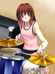  bangs bare_arms black_shorts blush breasts brown_eyes brown_hair dozepara drum drum_set drumsticks eyebrows_visible_through_hair holding instrument looking_at_viewer medium_breasts medium_hair original parted_lips pink_shirt shirt shorts sitting solo tank_top 