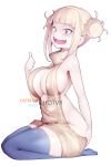  1girl :d ass bangs beige_sweater black_legwear blonde_hair blunt_bangs blush boku_no_hero_academia breasts cleavage double_bun fangs from_side full_body hot_vr large_breasts meme_attire messy_hair no_bra no_panties open_mouth seiza sidelocks simple_background sitting smile solo thighhighs thumbs_up toga_himiko virgin_killer_sweater watermark white_background yellow_eyes 