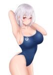  1girl absurdres arm_behind_head arm_up armpits azur_lane bangs bare_shoulders blue_swimsuit blush breasts cleavage collarbone cowboy_shot highleg highleg_swimsuit highres large_breasts looking_at_viewer one-piece_swimsuit red_eyes short_hair simple_background sirius_(azur_lane) solo swimsuit thighs twisted_torso wei_xiao white_background white_hair 