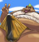  2021 absurd_res anthro ashigara balls_outline brown_body brown_fur bulge clothed clothing erection erection_under_clothing fur genital_outline hi_res humanoid_hands kemono male mammal overweight overweight_male penis_outline solo t_t_792 tokyo_afterschool_summoners tongue tongue_out underwear ursid video_games 
