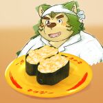  2021 anthro blush canid canine canis clothing domestic_dog food fur green_body green_fur hi_res k_gutless kemono live-a-hero male mammal mokdai overweight overweight_male portrait shirt solo topwear video_games 