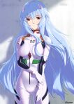  1girl alternate_hair_length alternate_hairstyle artist_name ayanami_rei bangs blue_hair bodysuit breasts clothes_writing cowboy_shot hair_between_eyes highres interface_headset long_hair looking_at_viewer medium_breasts morino_(harpoomoss) neon_genesis_evangelion plugsuit red_eyes solo taut_clothes very_long_hair wall white_bodysuit 