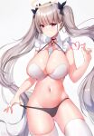  1girl arm_up artist_name azur_lane bangs between_breasts bikini bikini_pull black_ribbon breasts cleavage clothes_pull cowboy_shot eyebrows_visible_through_hair formidable_(azur_lane) grey_hair groin hair_ribbon halo heart highres horns large_breasts long_hair looking_at_viewer navel red_eyes ribbon showerz skindentation solo stomach swimsuit thighhighs thighs twintails very_long_hair white_legwear 