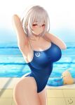  1girl absurdres arm_behind_head arm_up armpits azur_lane backlighting bangs bare_shoulders bird blue_swimsuit blush breasts chick cleavage collarbone cowboy_shot highleg highleg_swimsuit highres large_breasts looking_at_viewer manjuu_(azur_lane) one-piece_swimsuit pool poolside red_eyes short_hair sirius_(azur_lane) solo swimsuit thighs twisted_torso water wei_xiao white_hair 