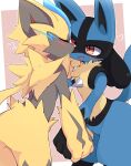  &lt;3 ambiguous/ambiguous ambiguous_gender anthro black_body black_fur blue_body blue_fur blush canid canine chest_spike claws duo eyes_closed felid feline finger_claws fingers fur grey_body grey_fur hand_holding hi_res kemono legendary_pok&eacute;mon looking_at_another lucario mammal multicolored_body multicolored_fur nintendo pok&eacute;mon pok&eacute;mon_(species) red_eyes spikes spikes_(anatomy) syuya video_games yellow_body yellow_fur zeraora 