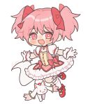 1girl :d ankle_ribbon black_outline buttons chibi choker collarbone creature cross-laced_footwear eyebrows_visible_through_hair feet_up flat_chest frilled_skirt frilled_sleeves frills full_body gloves hair_between_eyes hair_ribbon happy hn_(artist) kaname_madoka kyubey light_blush looking_at_viewer mahou_shoujo_madoka_magica no_nose open_mouth outline outstretched_arms pink_eyes pink_hair pink_ribbon puffy_short_sleeves puffy_sleeves red_choker red_footwear ribbon shiny shiny_hair shoes short_sleeves signature simple_background skirt smile socks solo soul_gem tareme twintails white_background white_gloves white_legwear white_skirt 