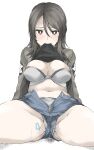  1girl arm_support bangs black_shirt blue_shorts blush body_writing bra breasts bright_pupils brown_eyes brown_hair brown_jacket commentary cosplay crotch_seam denim denim_shorts elf_(stroll_in_the_woods) emblem girls_und_panzer grey_bra grey_panties highres jacket kay_(girls_und_panzer) kay_(girls_und_panzer)_(cosplay) leaning_back lifted_by_self long_hair long_sleeves looking_at_viewer medium_breasts micro_shorts mika_(girls_und_panzer) military military_uniform navel no_hat no_headwear number open_fly panties pussy_juice saunders_military_uniform shirt shirt_in_mouth shirt_lift shorts simple_background sitting solo spread_legs star_(symbol) sweat textless underwear uniform unzipped white_background white_pupils 