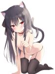  1girl all_fours animal_ear_fluff animal_ears areola_slip areolae bare_arms bare_shoulders black_hair black_legwear black_panties breasts cat_ears cat_girl cat_tail choker cleavage closed_mouth collarbone garter_straps hair_ribbon highres kamu_(geeenius) long_hair looking_at_viewer no_shoes original panties paw_pose red_choker red_eyes ribbon simple_background slit_pupils small_breasts solo string_panties tail tail_raised thighhighs topless underwear very_long_hair white_background 