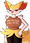  anthro asakitty blush braixen breasts canid canine clothed clothing digital_media_(artwork) female fur hi_res inner_ear_fluff looking_at_viewer mammal nintendo pok&eacute;mon pok&eacute;mon_(species) simple_background solo tuft video_games yellow_body yellow_fur 