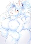  anthro big_breasts blush bodily_fluids breasts canid canine female fluffy fox fur hair hand_on_breast hi_res htg kemono looking_at_viewer mammal naturally_censored neck_tuft nipple_outline nude open_mouth ponytail red_eyes solo sweat sweatdrop tuft white_body white_fur white_hair 
