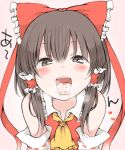  1girl bare_shoulders blush brown_hair cum cum_in_mouth hakurei_reimu nanana_(chicken_union) open_mouth red_ribbon ribbon simple_background solo touhou white_background 