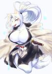  2018 absurd_res anthro areola asian_clothing big_breasts breasts canid canine chest_tuft clothed clothing coat east_asian_clothing female fox fur hair hi_res hitodama htg japanese_clothing katana kemono kneeling mammal melee_weapon nipple_slip nipples open_mouth open_smile ponytail presenting presenting_breasts red_eyes samurai simple_background smile solo sword topwear tuft warrior weapon white_background white_body white_fur white_hair 