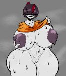  big_breasts bodily_fluids breasts clothed clothing clothing_lift female genitals hair_over_eyes hi_res huge_breasts humanoid nintendo nipples pok&eacute;mon pok&eacute;mon_(species) pussy ralts repomorame shirt shirt_lift sweat thick_thighs topwear video_games white_body 