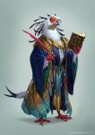  accipitriform anthro avian beak bird book christina_kraus clothed clothing eyewear feathers female glasses loose_feather quill robe secretary_bird simple_background solo talons 