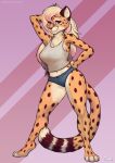  2021 anthro breasts cheetah clothed clothing eyebrows eyelashes feet felid feline female foxovh hair hand_behind_head hi_res long_hair looking_at_viewer mammal purple_eyes smile solo text toes url 