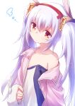  1girl absurdres animal_ears azur_lane bangs bare_shoulders bunny_ears camisole closed_mouth collarbone commentary_request eyebrows_visible_through_hair fur-trimmed_sleeves fur_trim hair_between_eyes hair_ornament hairband highres jacket laffey_(azur_lane) long_hair long_sleeves nyaa_(nnekoron) off_shoulder open_clothes open_jacket pink_jacket red_eyes red_hairband silver_hair simple_background sleeves_past_wrists solo twintails upper_body very_long_hair white_background white_camisole 