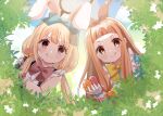  2girls :q animal_ears blonde_hair bow brown_eyes bunny_ears bush butterfly_net easter easter_egg egg fake_animal_ears futaba_anzu hair_bow hand_net highres ichihara_nina idolmaster idolmaster_cinderella_girls idolmaster_cinderella_girls_starlight_stage long_hair low_twintails multiple_girls orange_hair outdoors red_eyes rino_cnc tongue tongue_out twintails 