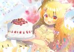  &gt;_&lt; 1girl :d animal animal_ear_fluff animal_ears bangs bare_shoulders blonde_hair blurry blurry_background bow braid cake closed_eyes collarbone commentary_request depth_of_field eyebrows_visible_through_hair food fox fox_ears fox_girl fox_hair_ornament fox_tail fruit hair_between_eyes hair_bow hair_ornament hairclip holding indie_virtual_youtuber jewelry kinetsuki_noa kouu_hiyoyo long_hair off-shoulder_shirt off_shoulder open_mouth pendant pennant pink_bow puffy_short_sleeves puffy_sleeves red_eyes shirt short_sleeves side_braids skirt smile solo strawberry string_of_flags tail tail_raised twin_braids very_long_hair white_skirt xd yellow_shirt 
