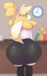  2021 absurd_res animal_crossing anthro ayzcube big_butt blush bottomwear butt canid canine canis clothing domestic_dog female hi_res isabelle_(animal_crossing) legwear looking_at_viewer looking_back mammal nintendo shih_tzu skirt solo tight_clothing toy_dog video_games 