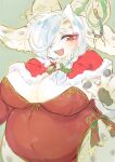  2018 anthro bell belly big_belly breasts christmas cleavage clothed clothing curled_horns female fur green_background hair hair_over_eye hi_res holidays horn htg hybrid kemono leotard long_ears looking_at_viewer mammal mantle one_eye_obstructed open_mouth open_smile overweight pawpads simple_background smile solo star two_tone_pupils white_body white_fur wreath 
